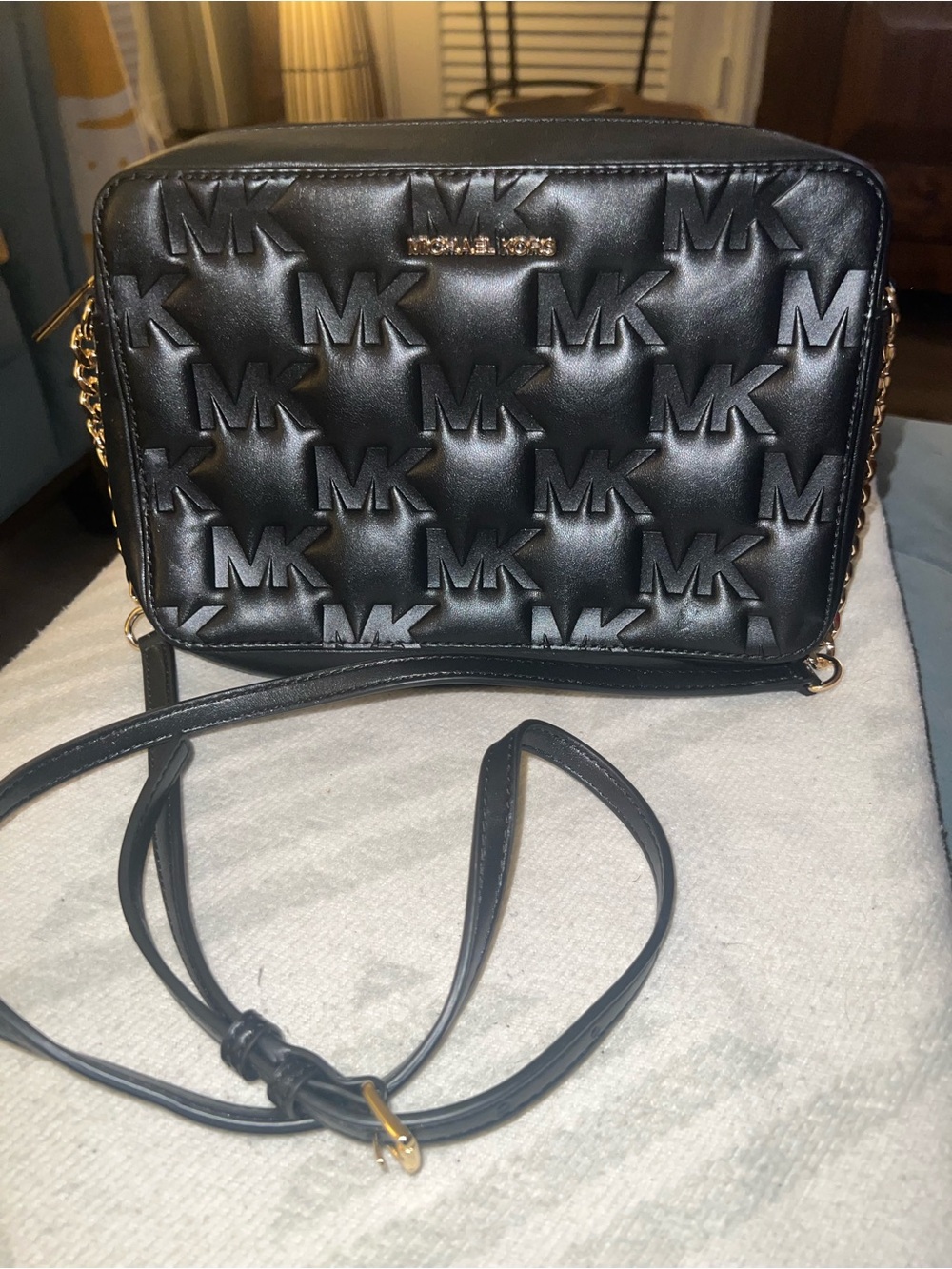 Michael Kors Black Quilted MK Logo Crossbody Bag with Gold Hardware
